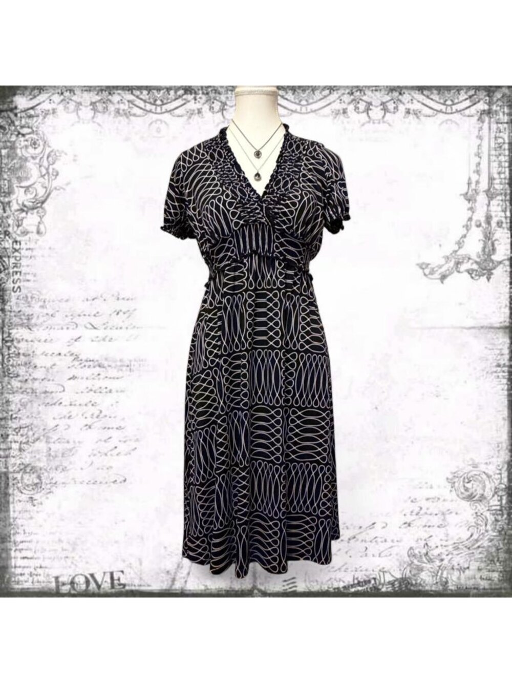 Black White Abstract Midi Dress Empire Waist Ruffle V Neck Stretchy Sleeve